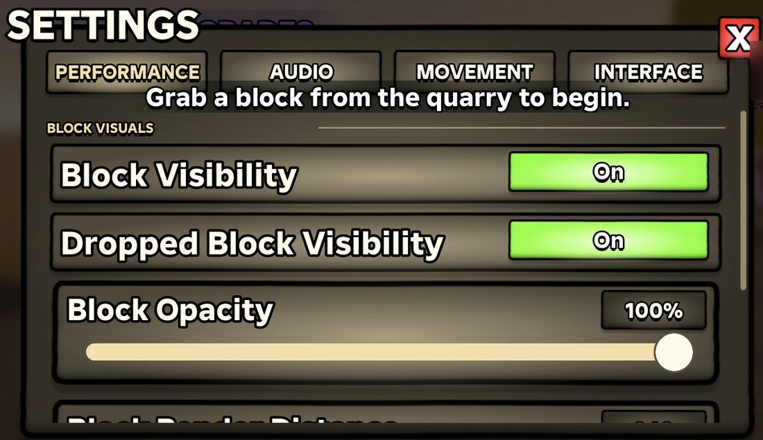Settings > Performance tab with Block Visibility and Block Opacity