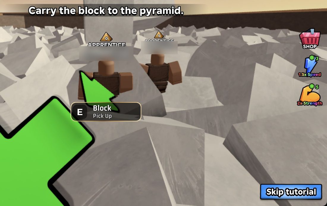 Holding E on a quarry block to pick it up