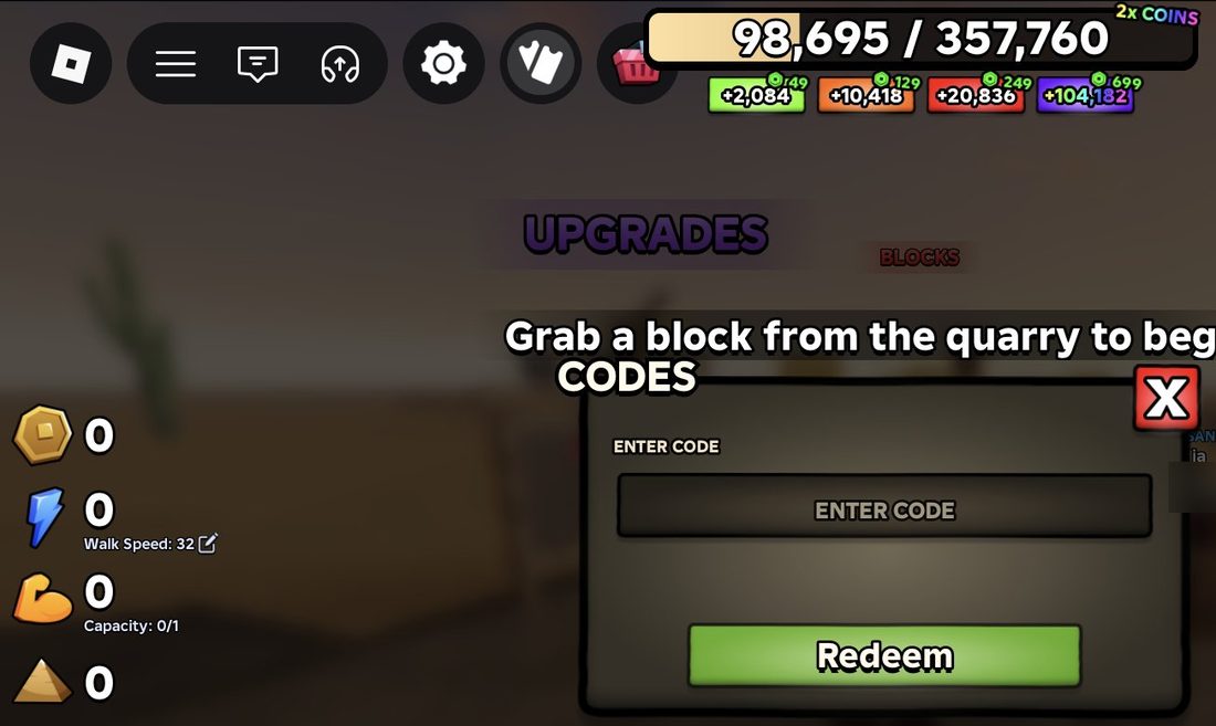 The cards icon in the top bar opens the Codes menu