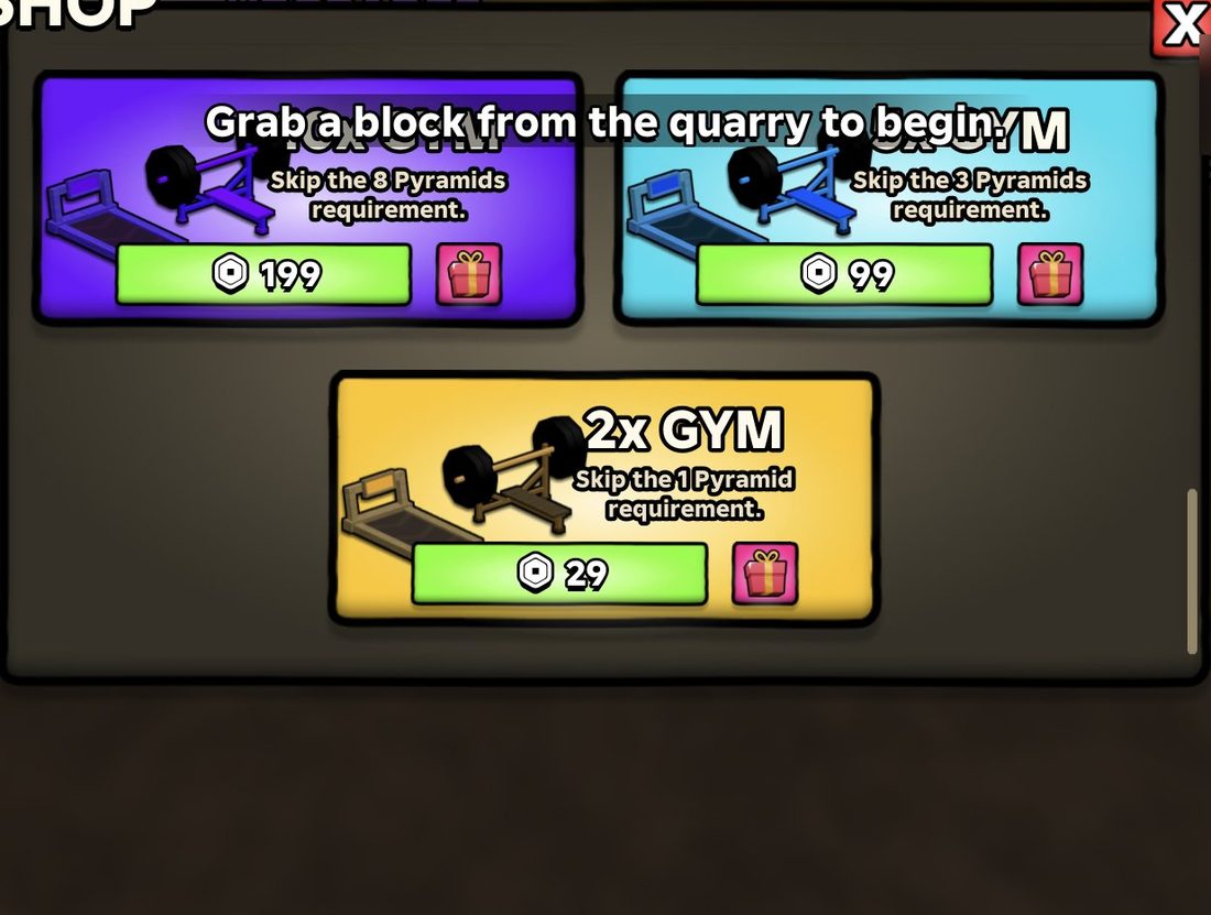 The 2x GYM in the Shop costs 29 Robux to unlock early