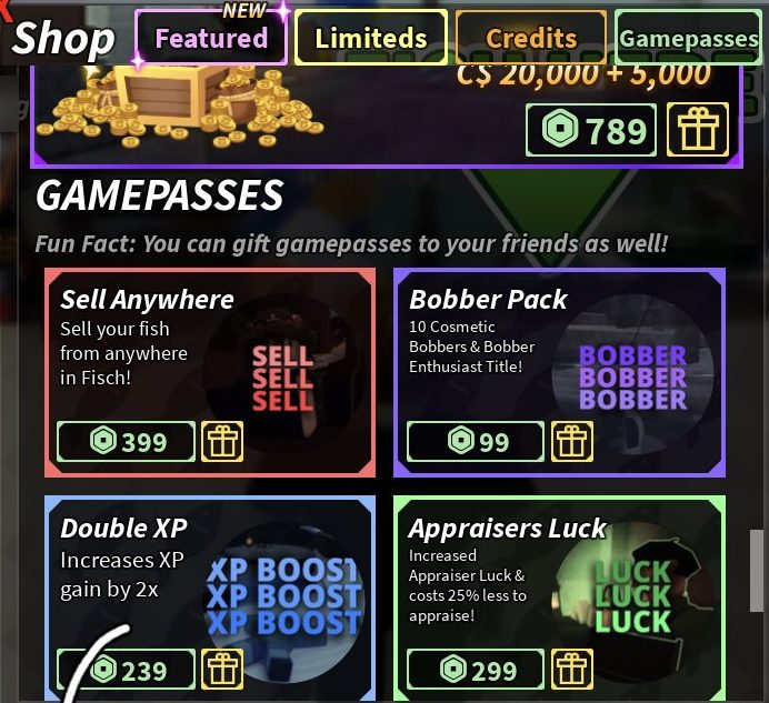 Appraisers Luck and Bobber Pack in the Gamepasses tab