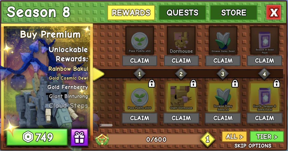 The Season Pass shows the Premium price and both reward rows