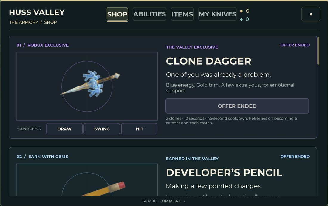 Use DRAW, SWING and HIT to hear a knife's sounds