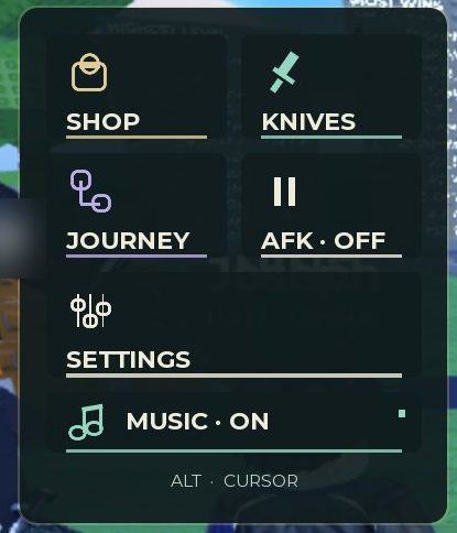 The menu panel with SHOP, KNIVES, JOURNEY, AFK, SETTINGS and MUSIC