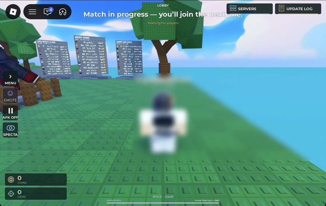 The lobby HUD with the side buttons, the dash hint and the match-in-progress status