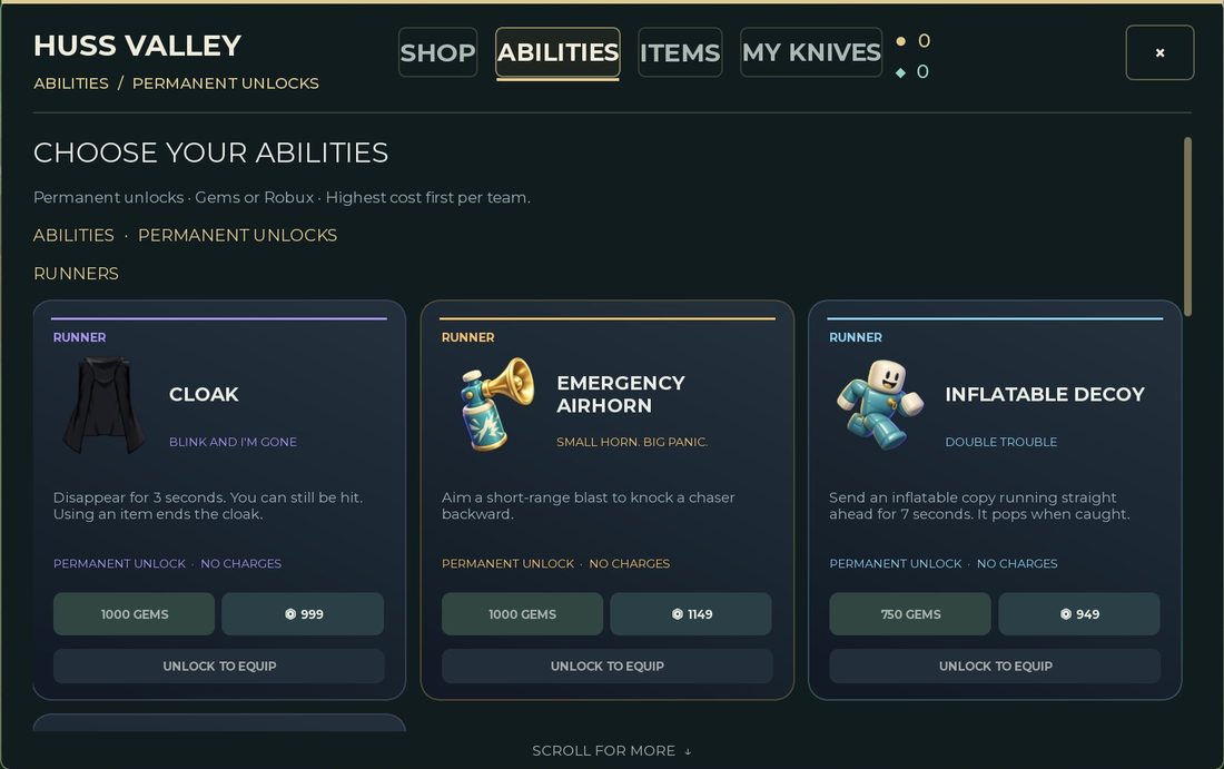 The Abilities tab shows both a Gems price and a Robux price