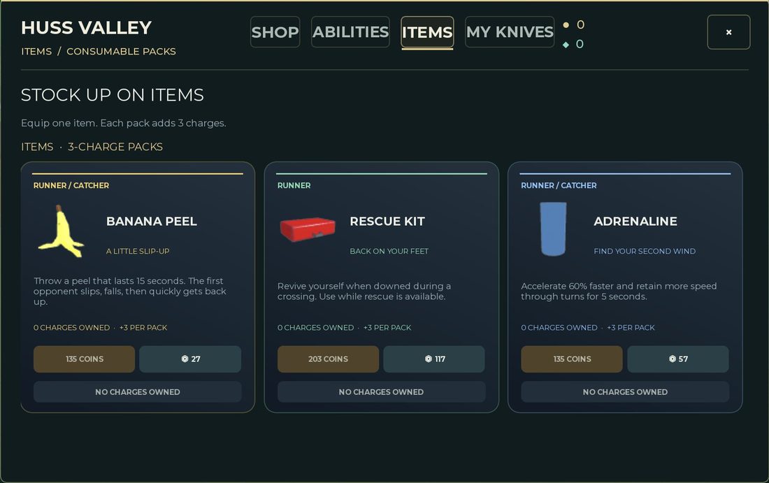 Adrenaline and Banana Peel in the Items tab, with their prices