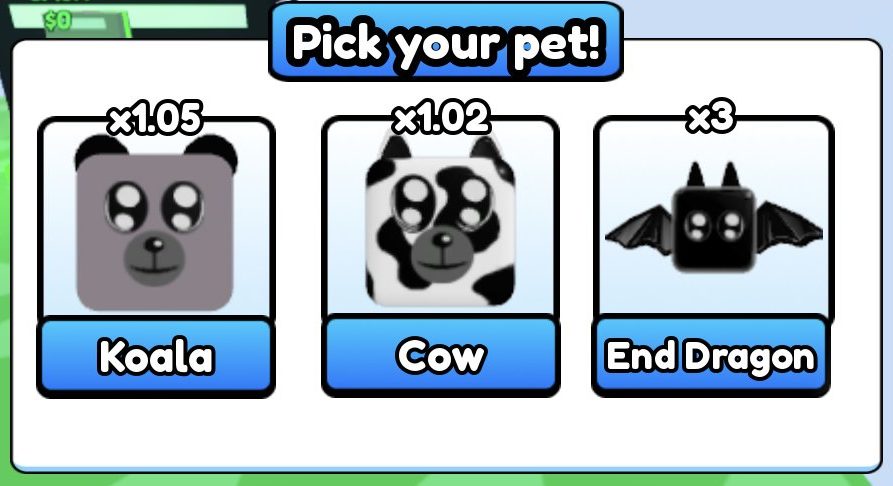 The Pick your pet popup shows each starter's multiplier