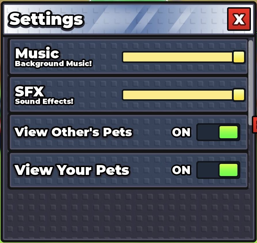The Settings menu with the pet visibility toggles