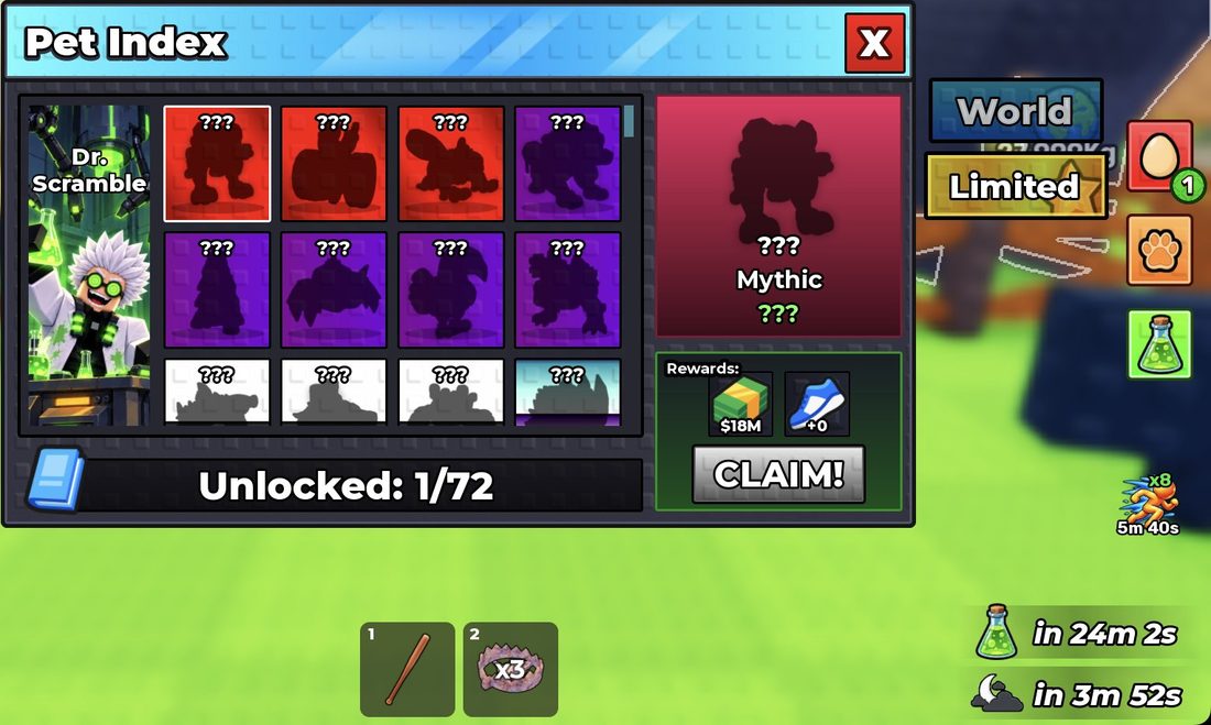 The Pet Index Limited tab with its entry reward