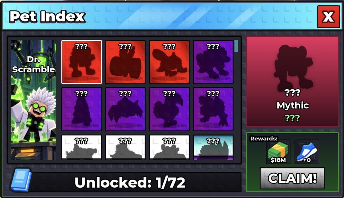 The Pet Index Limited tab has 72 pets, with Dr. Scramble featured