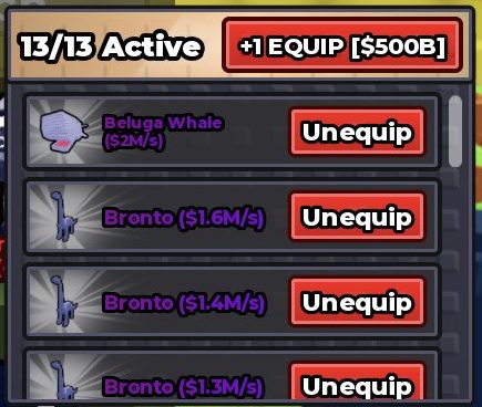 The +1 EQUIP button sits on the Equipped Pets panel at 13/13 Active